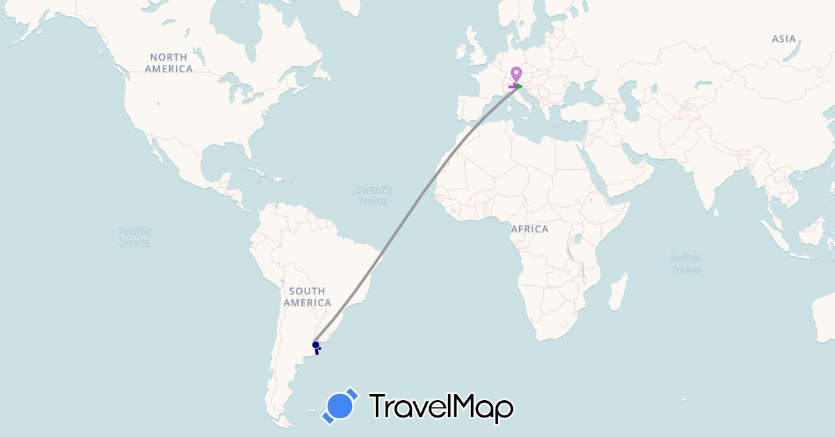 TravelMap itinerary: driving, bus, plane, train in Argentina, Italy (Europe, South America)